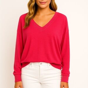 Michael Stars V-Neck Crop Top Long Sleeve Brushed Jersey Relaxed  Pink Medium